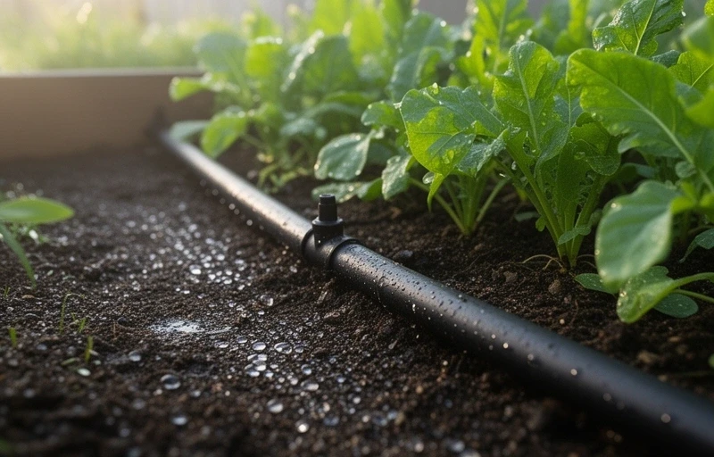 Drip irrigation line in garden bed